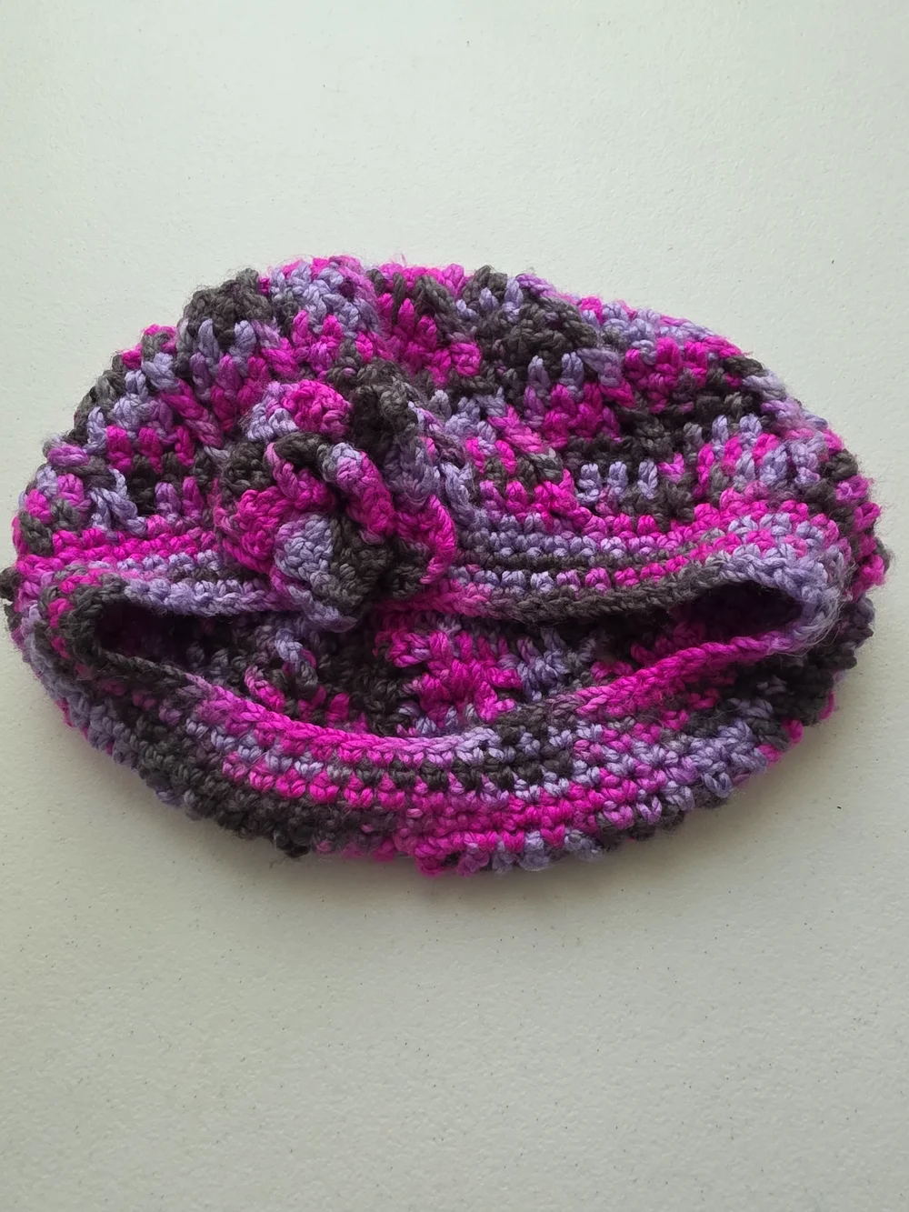 Handmade Crocheted Beret In Hot Pink, Lavender & Gray